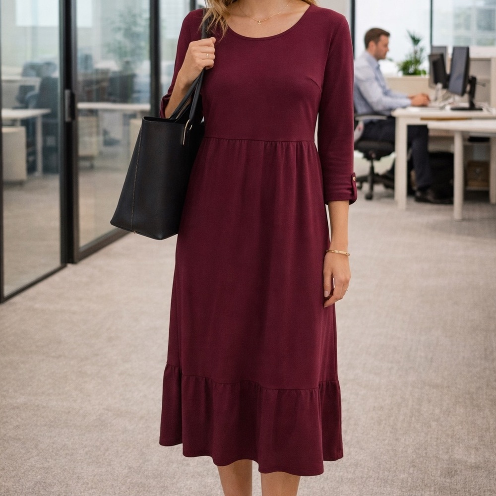 Women’s Long Sleeve Tiered Midi Dress - Burgundy